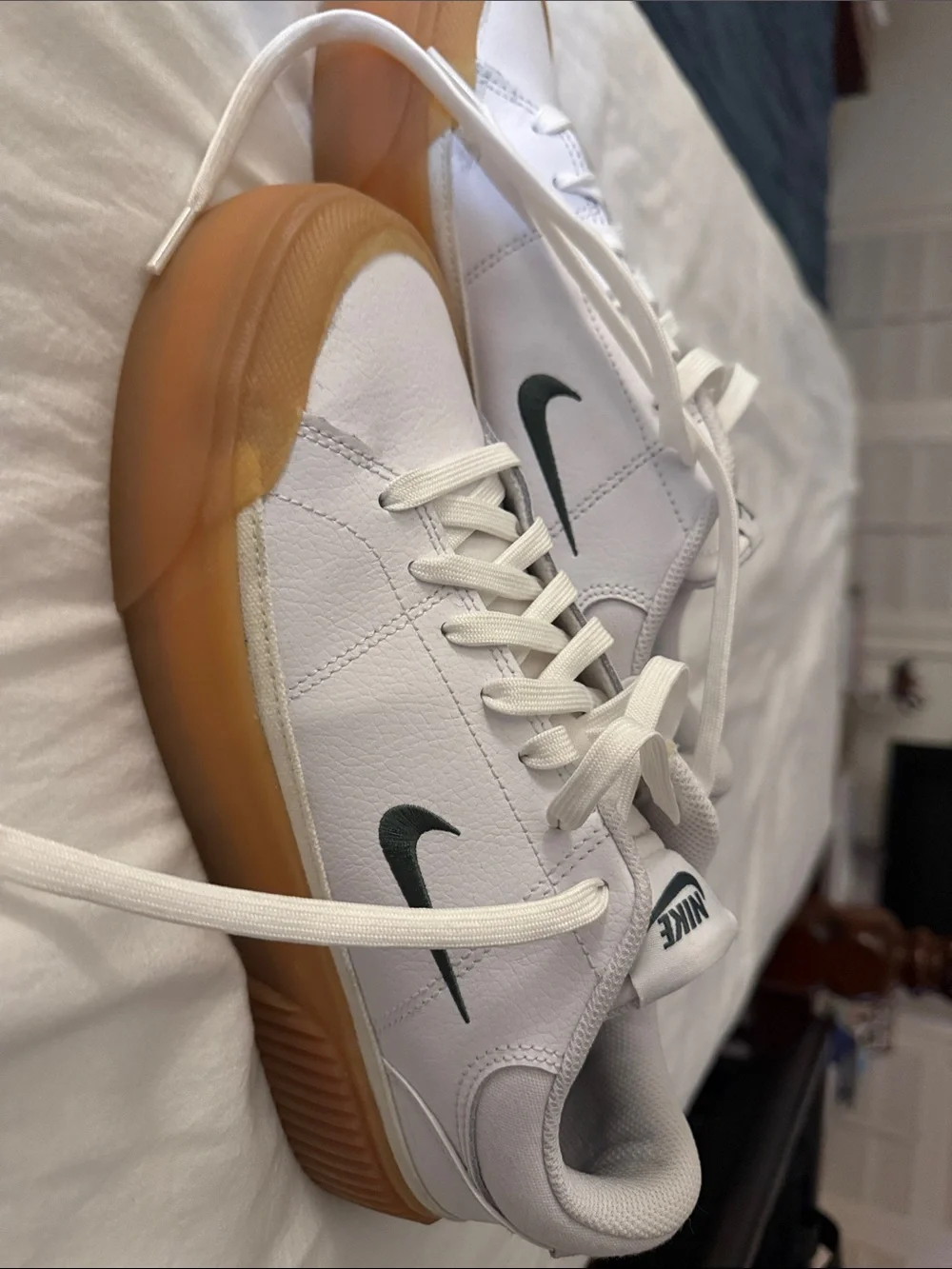 Nike Womens White Leather Court Legacy Sneakers with Green Swoosh and Gum Sole